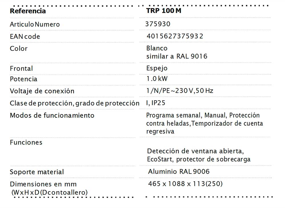 RADIADOR TOALLERO ELÉCTRICO TRP 100 M (ESPEJO) - Ecobioebro