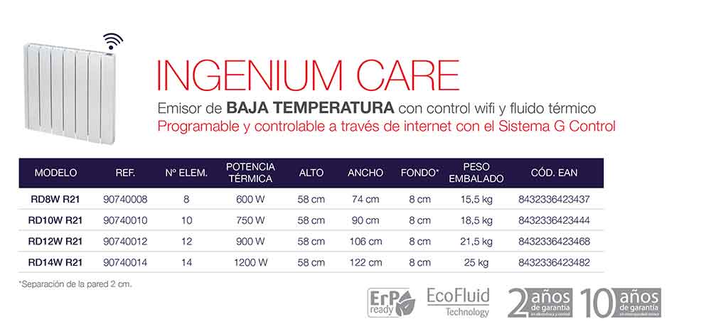 EMISOR CON FLUIDO TÉRMICO INGENIUM CARE (WIFI) Baja Temperatura ecobioebro